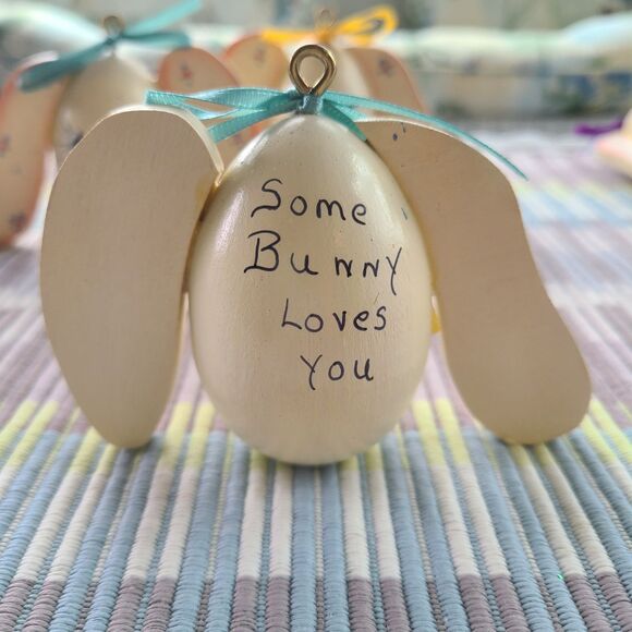 Vintage Hand-Painted Wooden Easter Egg Bunny Ornaments "Some Bunny Loves You" - Picture 3 of 10